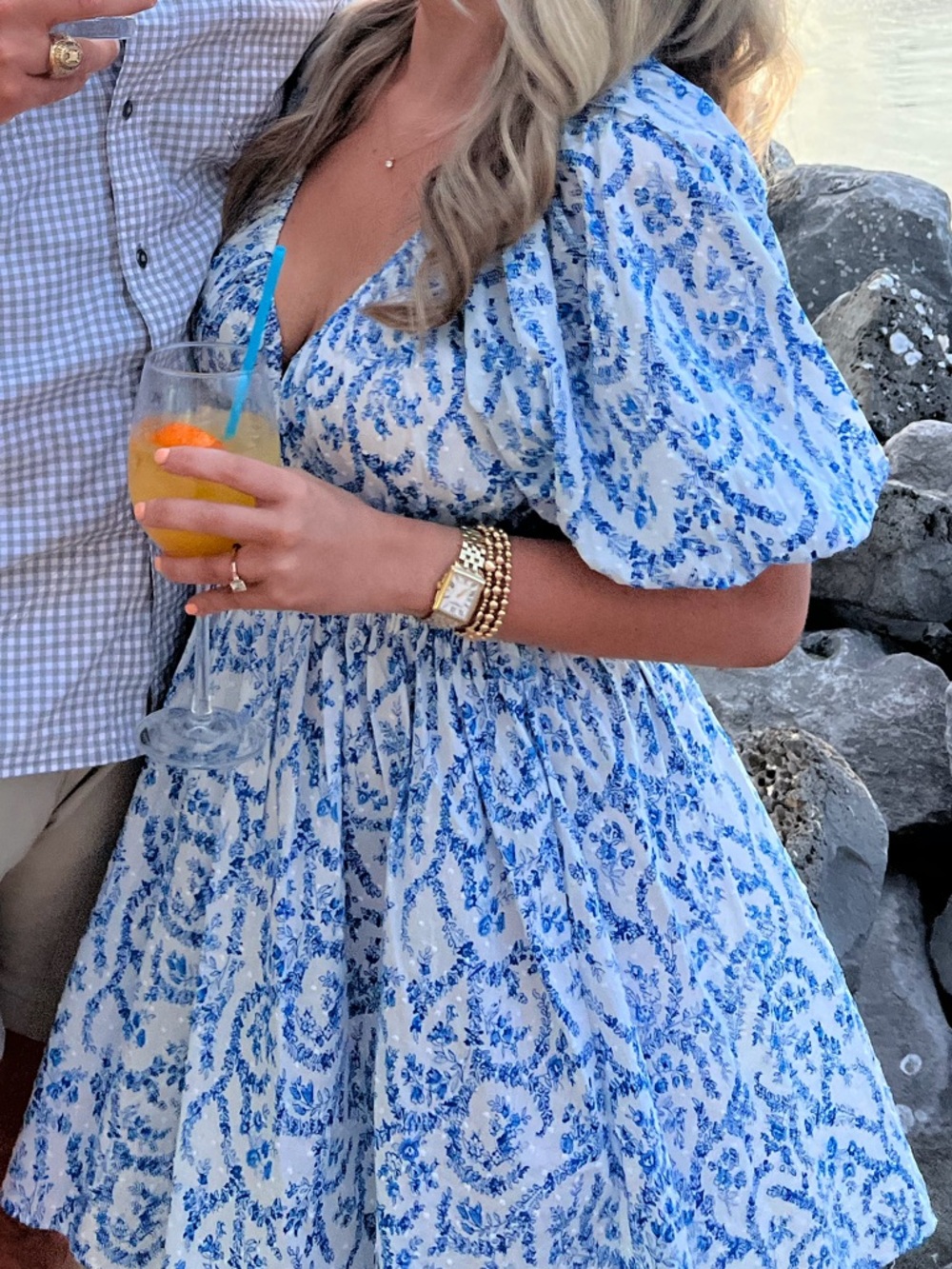 Blue Floral Puff-Sleeve Mini Dress